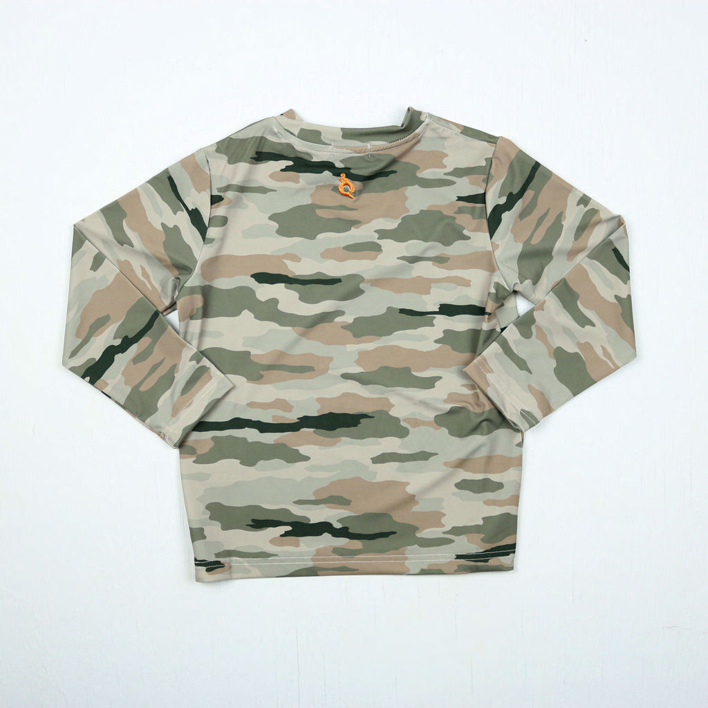 Camouflage-patterned long-sleeve shirt on a white background