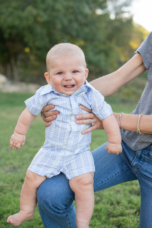 Guayabera Romper - Blue Plaid Linen