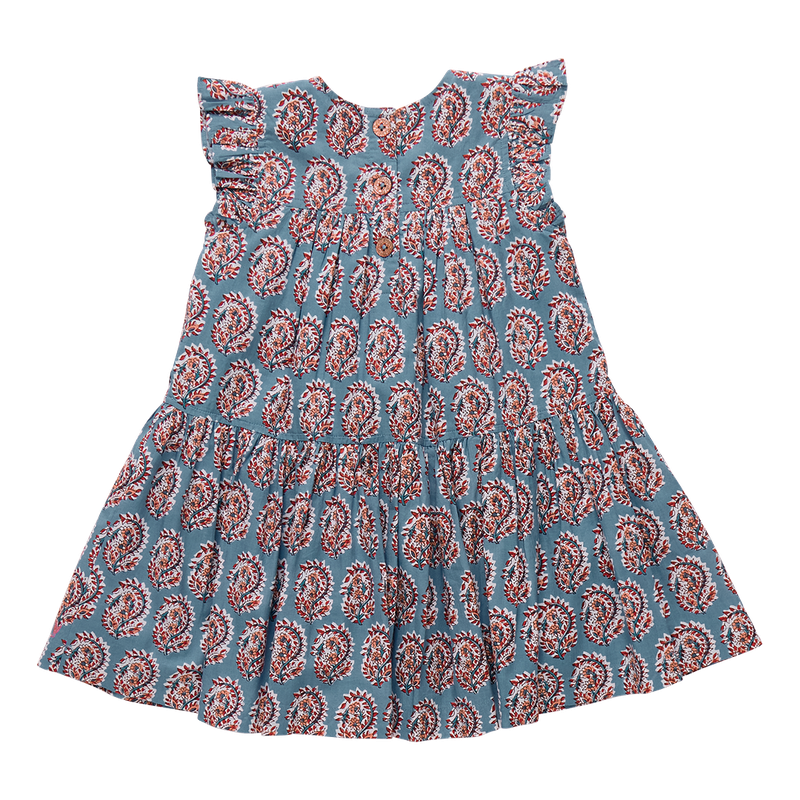 Girls Fiona Ruffle Dress - Blue Paisley