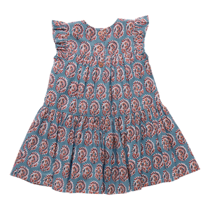 Girls Fiona Ruffle Dress - Blue Paisley