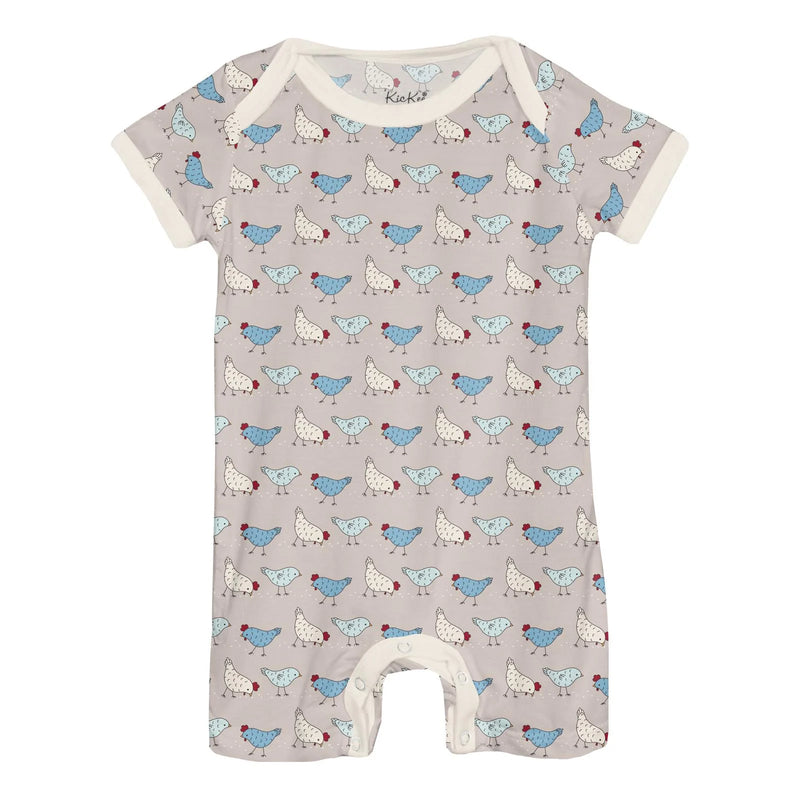 Short Sleeve Beau Romper - Latte Chickens