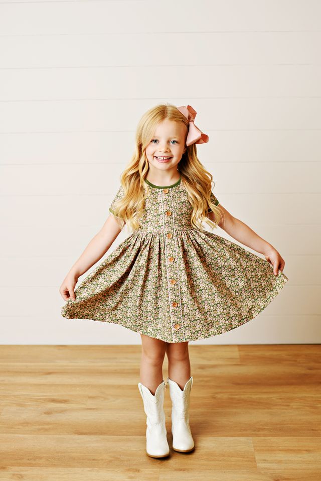 Green Floral Button Moonstitch Dress