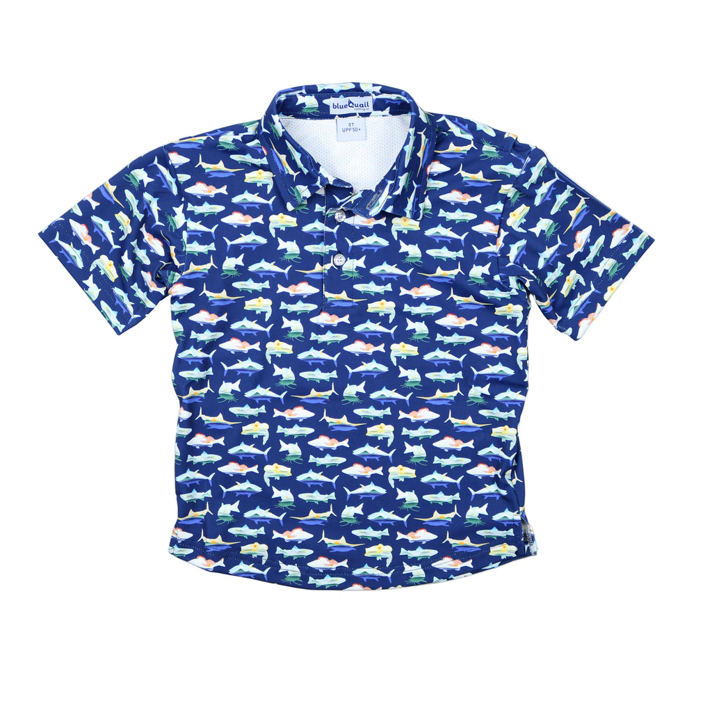 Short-sleeve shirt with fish pattern on a white background