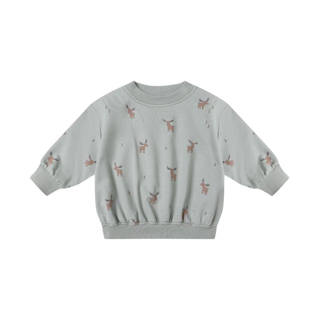 Light blue gray sweatshirt with moose pattern on a white background