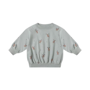 Light blue gray sweatshirt with moose pattern on a white background