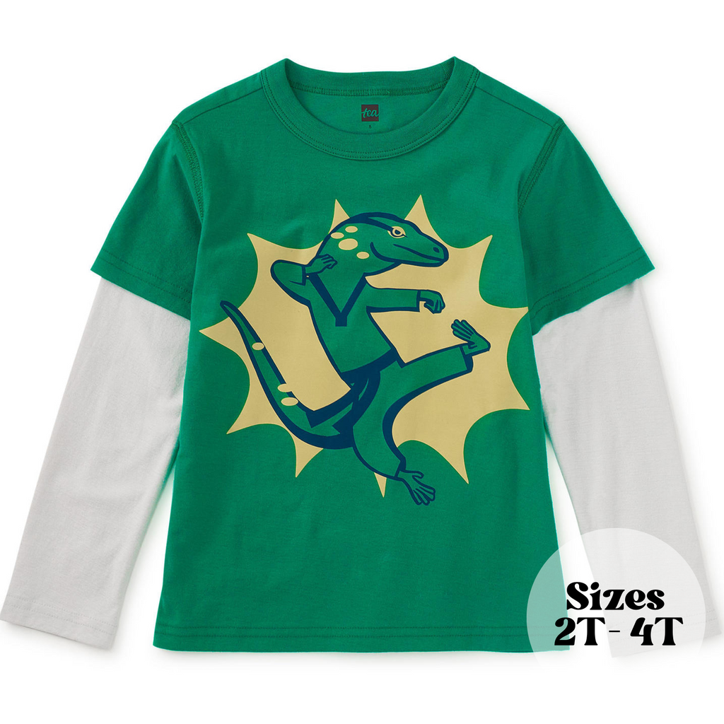 Taekwondo Lizard Layered LS Graphic Tee - Viridian Green