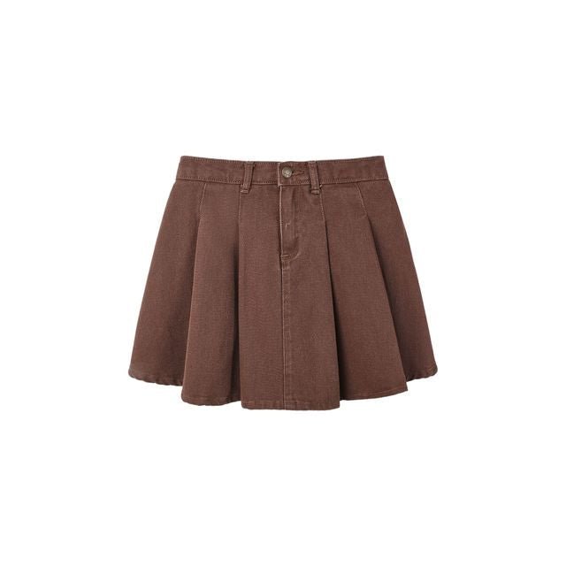 Pleated Denim Skirt - Washed Brown