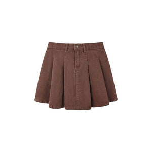 Pleated Denim Skirt - Washed Brown