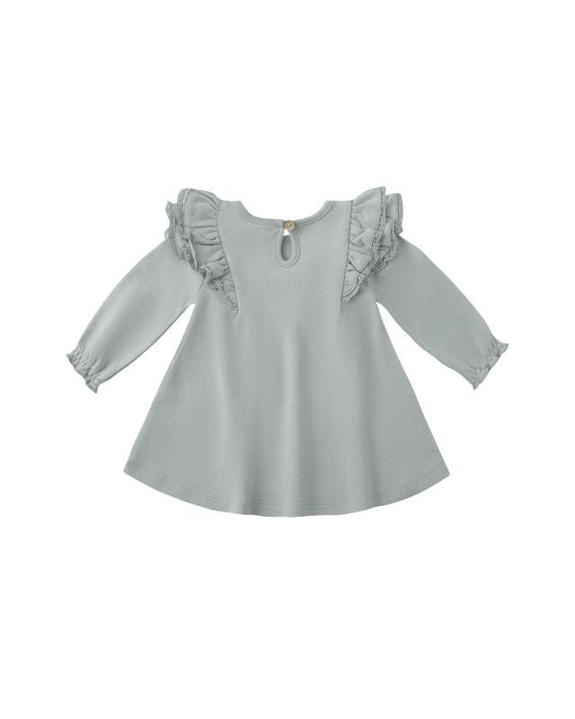 Long Sleeve Flutter Dress - Steel Blue