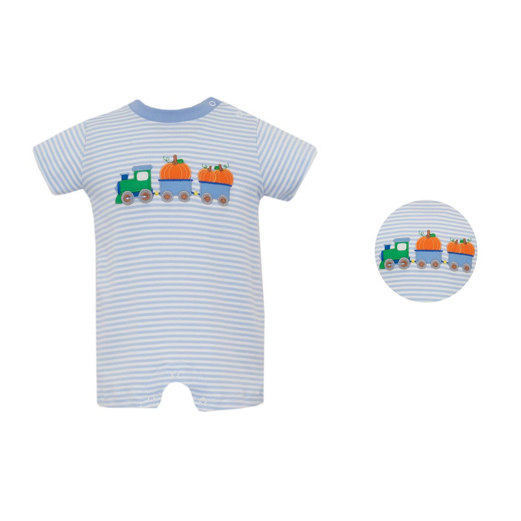 Pumpkin Train Applique Blue Stripe Romper