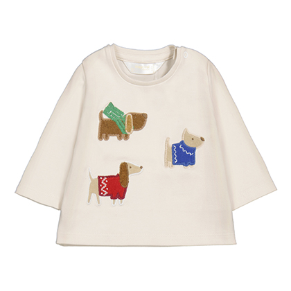 Three Dogs Applique Long Sleeve Cream Tee
