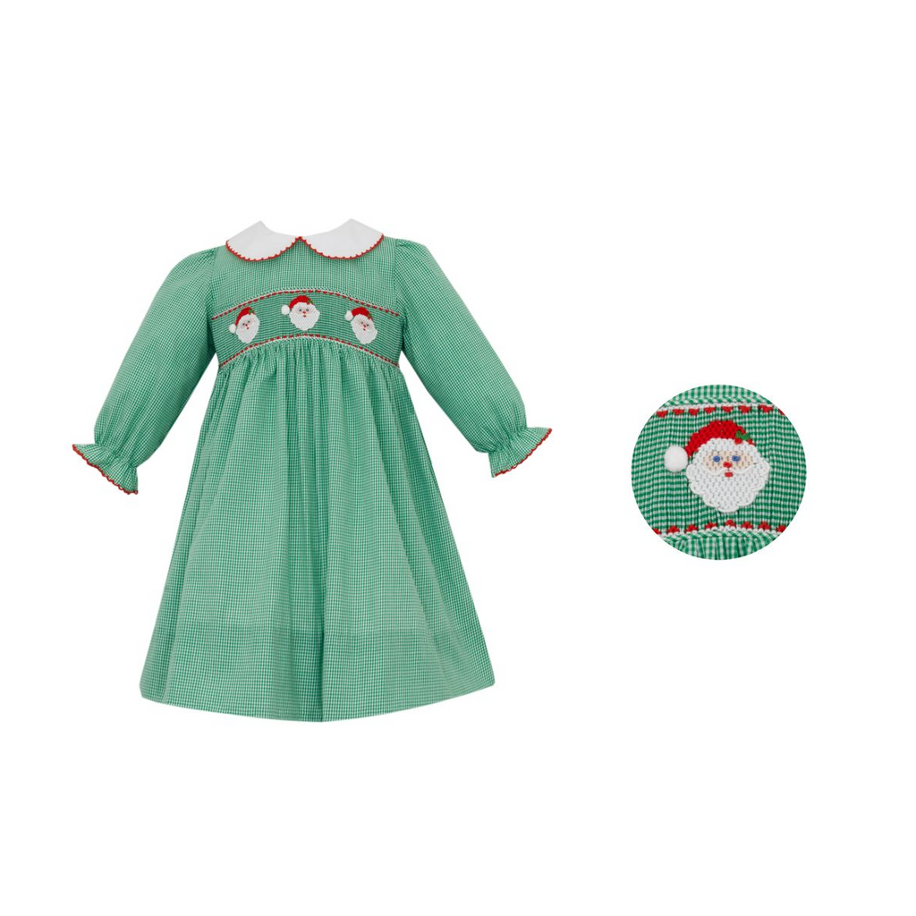 Green Gingham Santa Smocked LS White Collar Dress