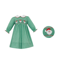 Green Gingham Santa Smocked LS White Collar Dress