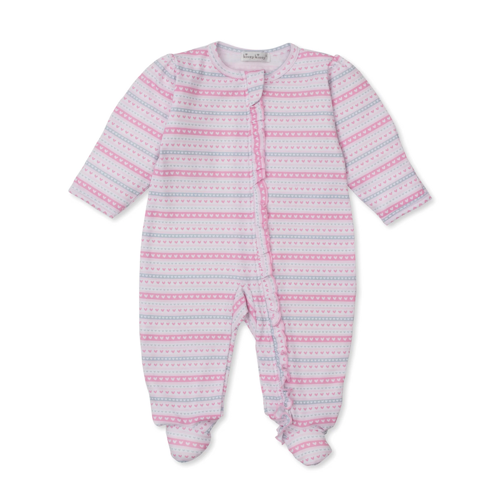 Ruffle Zipper Footie - Baby Elephant Hearts
