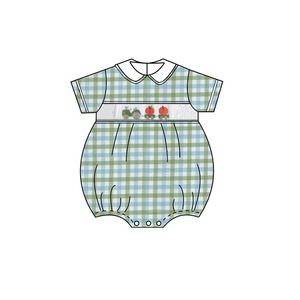Tractor & Pumpkins Smocked Green & Blue Plaid Bubble