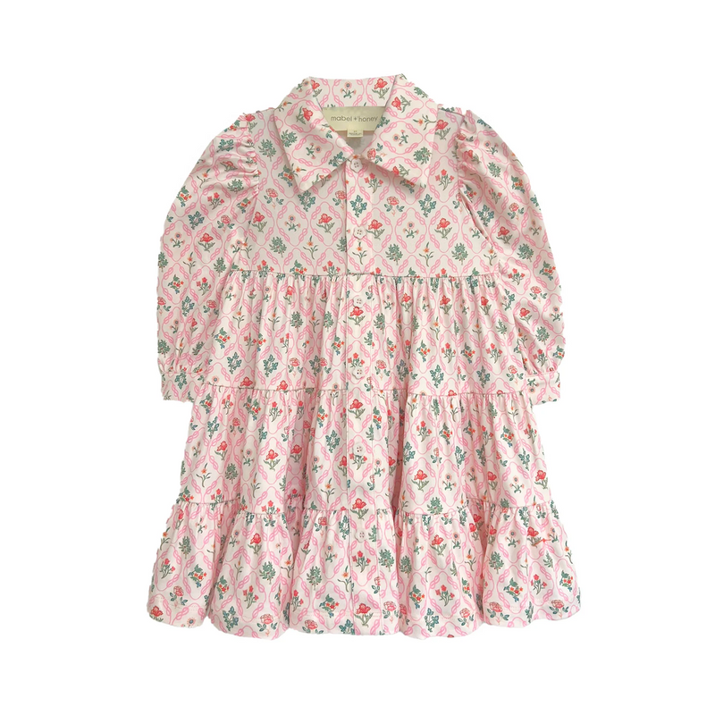 Floral button down dress with long sleeves and collar on a white background