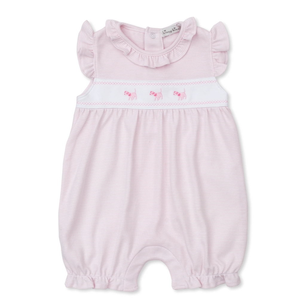 Pink Dogs Short Ruffle Playsuit - Light Pink Stripe