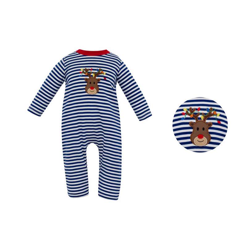 Reindeer w/ Lights - Royal Blue Stripe Knit Boy's Long Romper