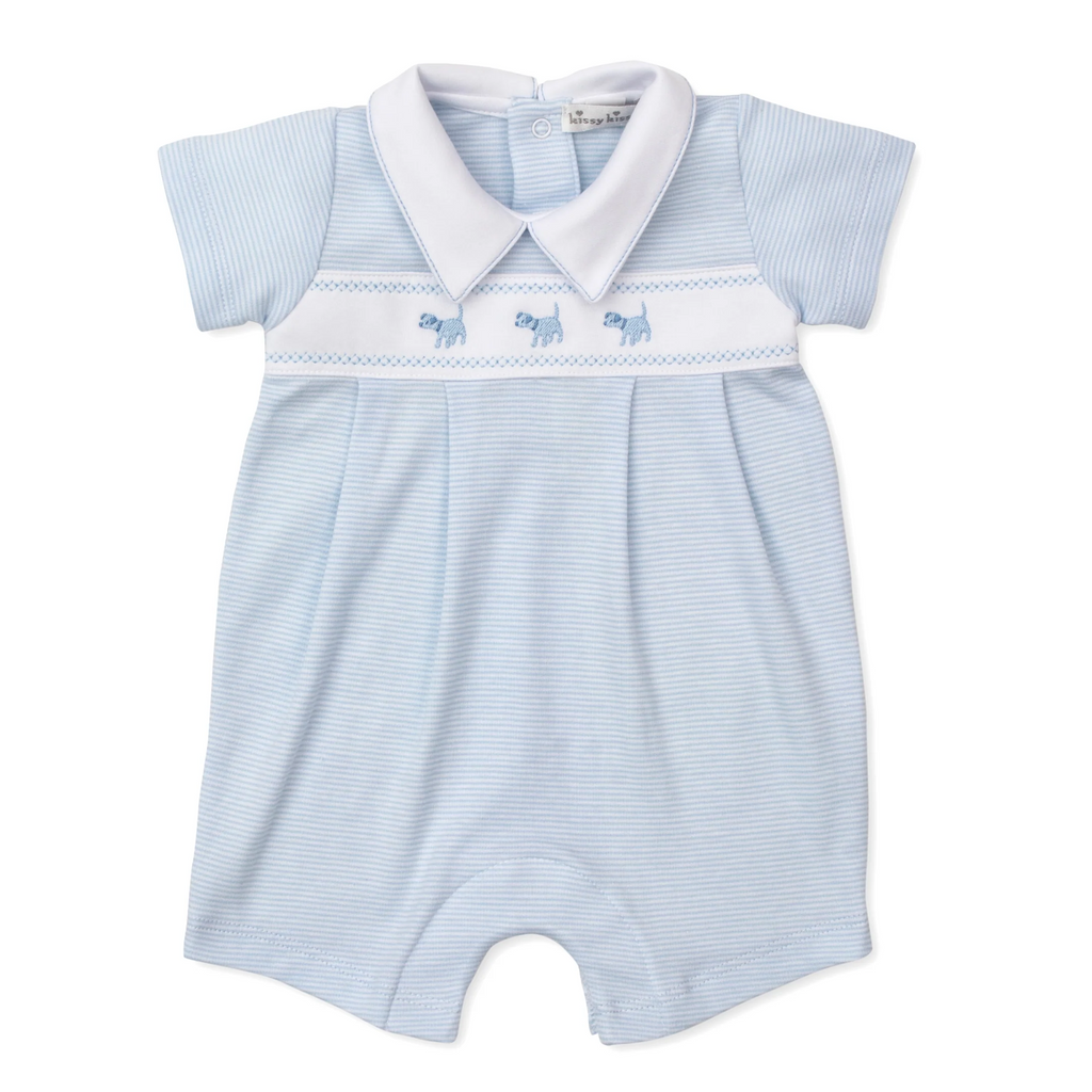 Blue Dogs Short Playsuit - Light Blue Stripe