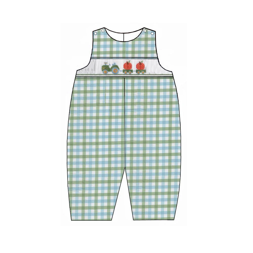 Tractor & Pumpkins Smocked Green & Blue Plaid Long Jon Jon