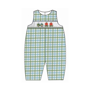 Tractor & Pumpkins Smocked Green & Blue Plaid Long Jon Jon