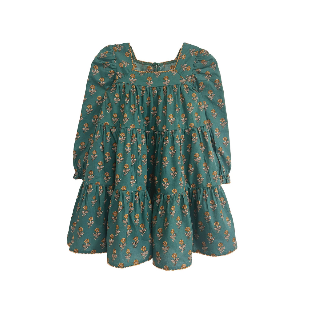 Green dress with floral pattern on a white background