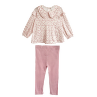 Pink floral top and pants set on a white background