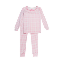 Pink gingham pajama set on a white background