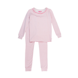 Pink gingham pajama set on a white background