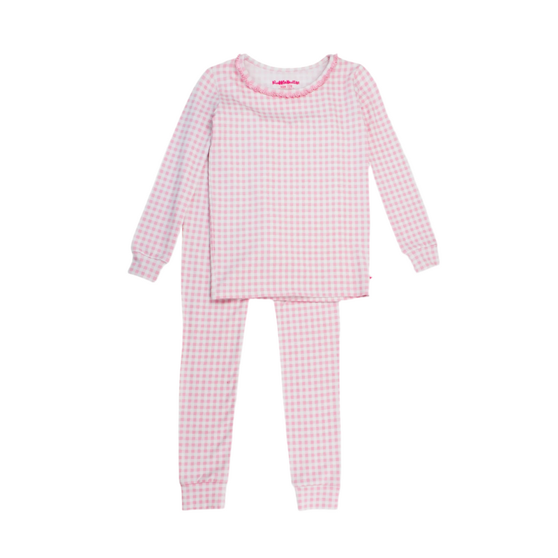 Pink gingham pajama set on a white background