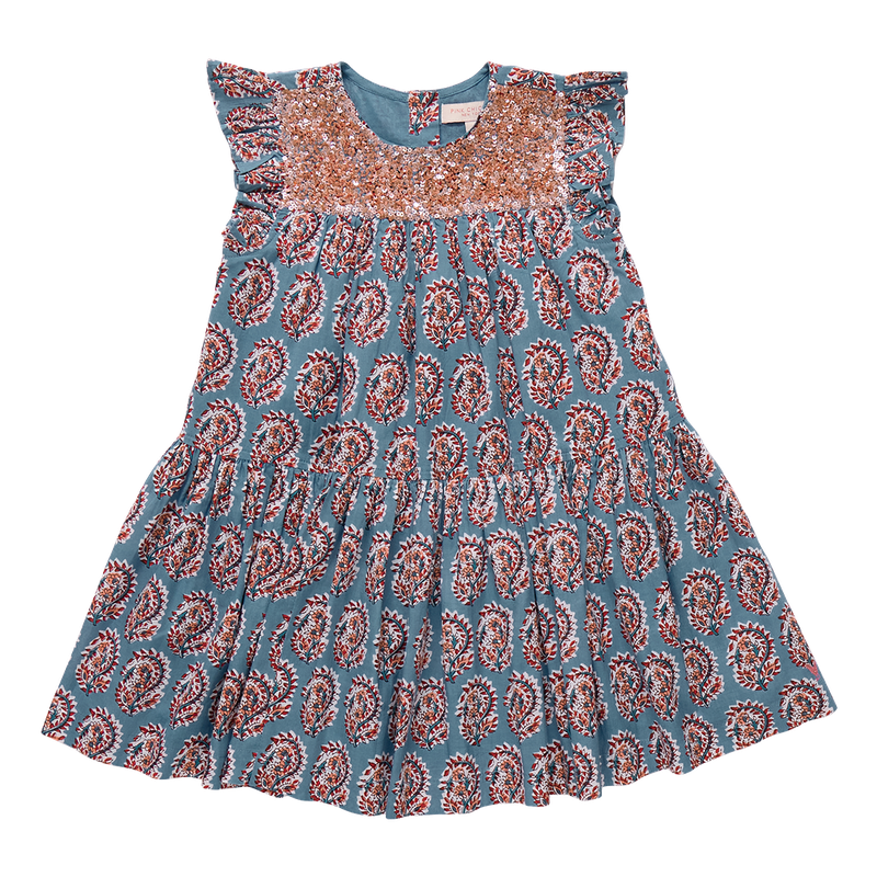 Girls Fiona Ruffle Dress - Blue Paisley