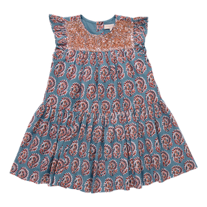 Girls Fiona Ruffle Dress - Blue Paisley
