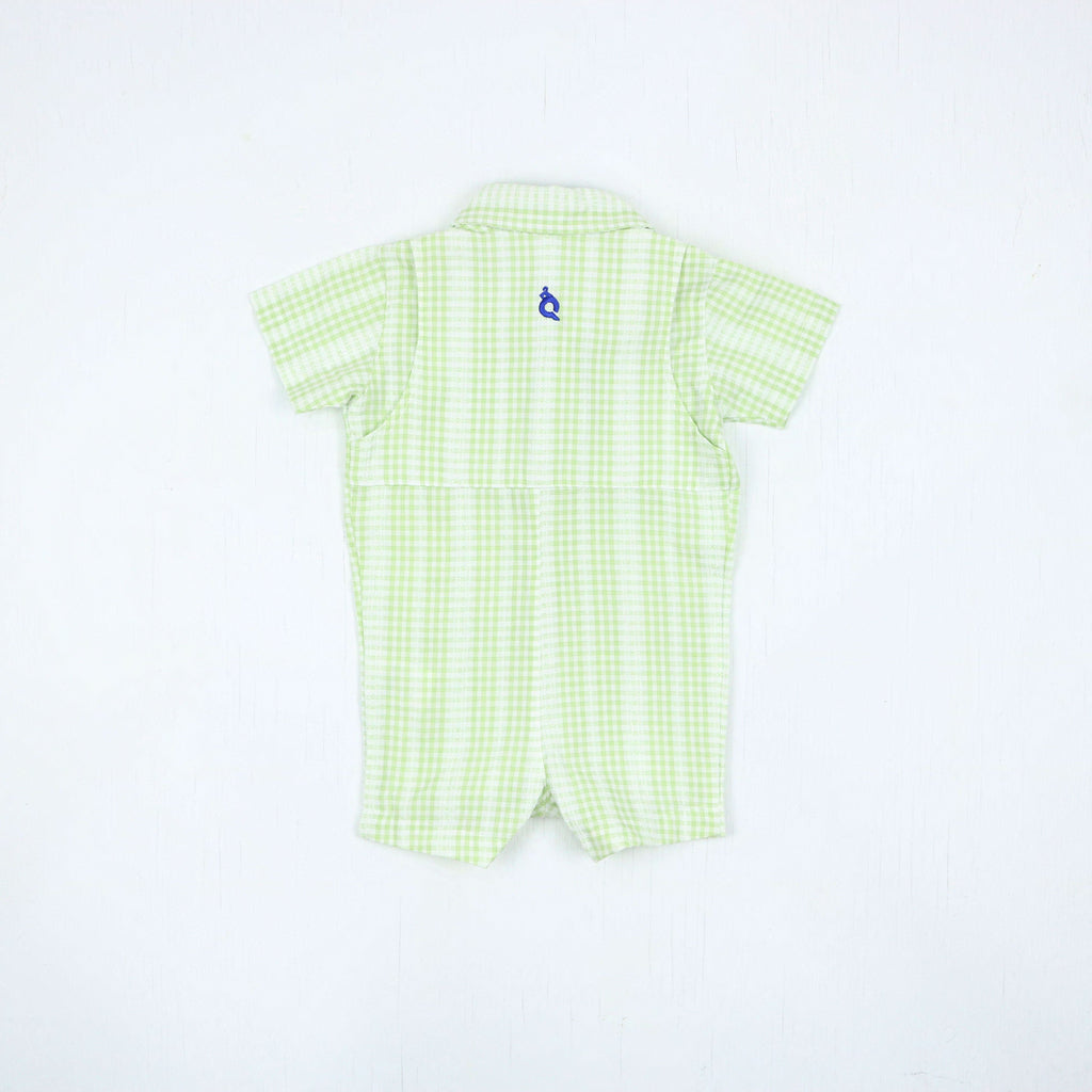 Guayabera Romper - Green Plaid Linen