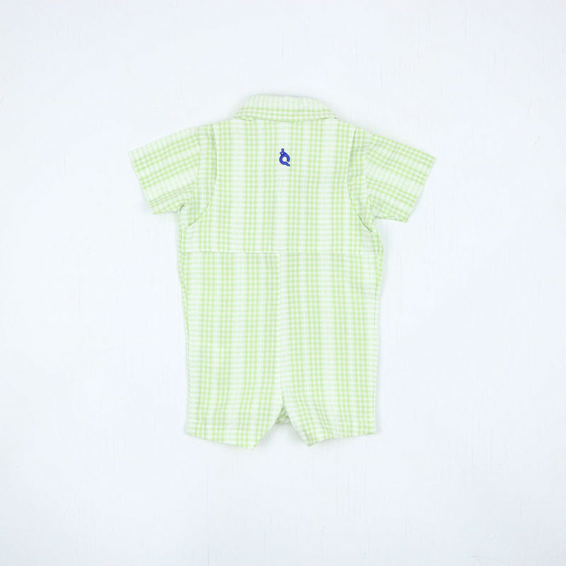 Guayabera Romper - Green Plaid Linen