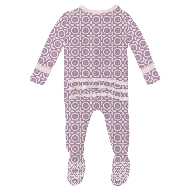 Print Muffin Ruffle 2 Way Zipper Footie - Lavender Flower Lattice