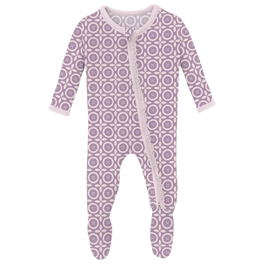 Print Muffin Ruffle 2 Way Zipper Footie - Lavender Flower Lattice