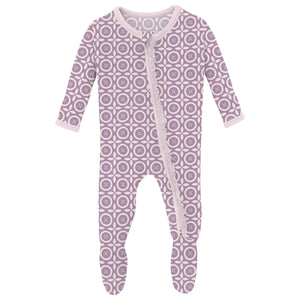 Print Muffin Ruffle 2 Way Zipper Footie - Lavender Flower Lattice