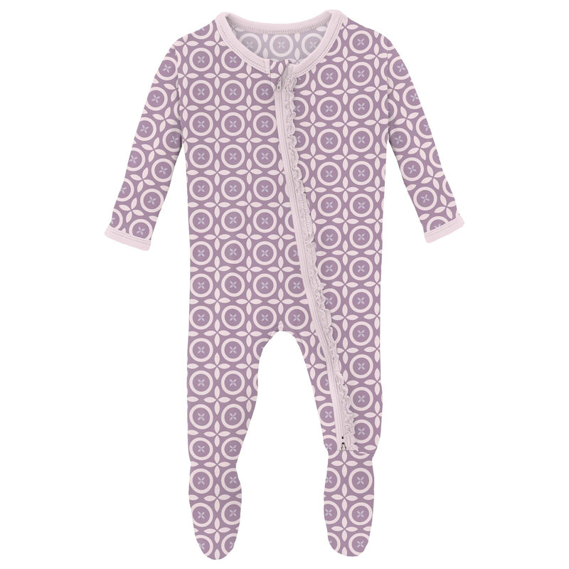 Print Muffin Ruffle 2 Way Zipper Footie - Lavender Flower Lattice