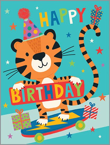 Birthday Greeting Card - Kids - Skateboarding Tiger