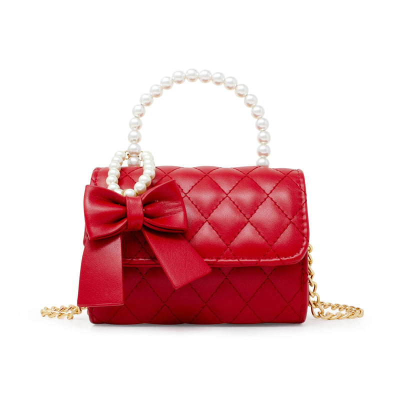 Quilted Pearl Handle Bow Ribbon Handbag- Red
