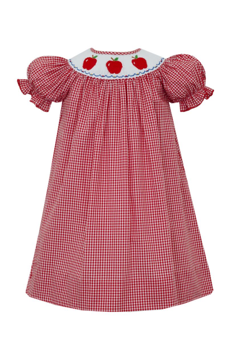 Red Gingham Smocked Bishop Dress - Apples