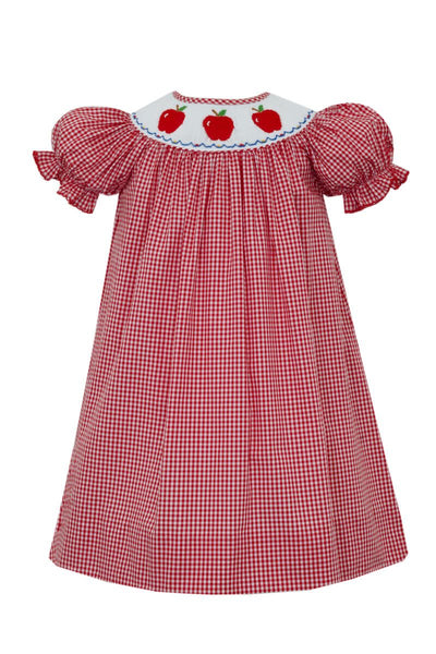 Red Gingham Smocked Bishop Dress | Apples – Bright Beginnings Boutique