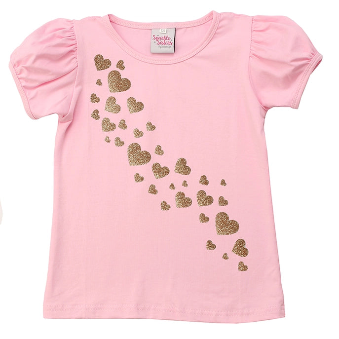 Gold Falling Hearts Puff Sleeve Tee - Pink