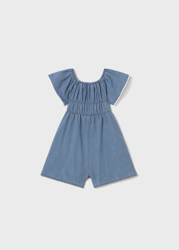 Light Denim Flowy Pom Trim Romper