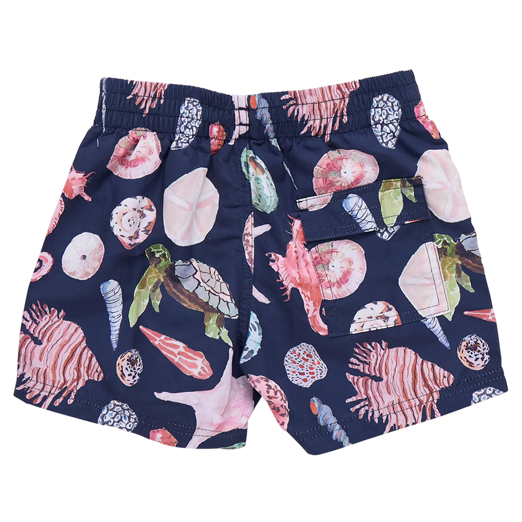 Boys Swim Trunk - Navy Watercolor Shells