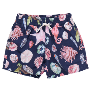 Boys Swim Trunk - Navy Watercolor Shells