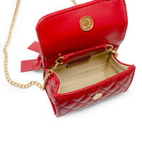 Quilted Pearl Handle Bow Ribbon Handbag- Red