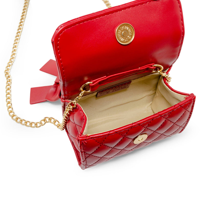 Quilted Pearl Handle Bow Ribbon Handbag- Red