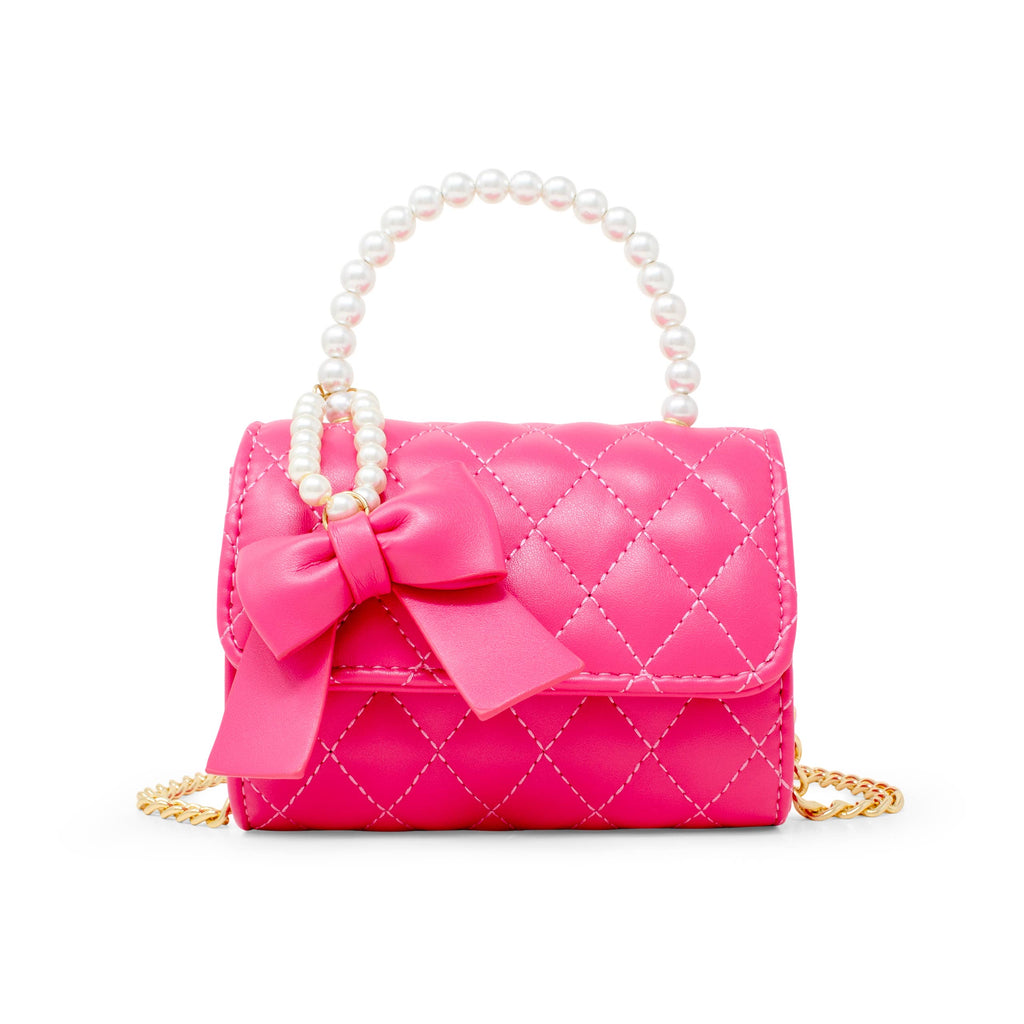 Quilted Pearl Handle Bow Ribbon Handbag- Red