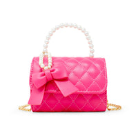 Quilted Pearl Handle Bow Ribbon Handbag- Red